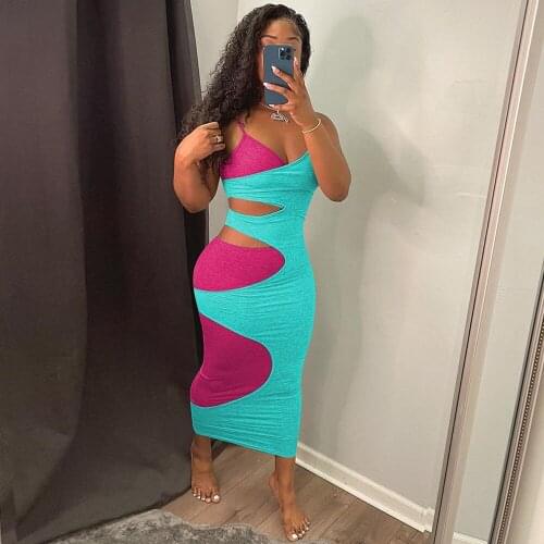 Contrast Color Spliced Party Clubwear Dress for Women Spaghetti Strap Sleeveless Pencil Dress Elegant Waist Band Cut Out Dress