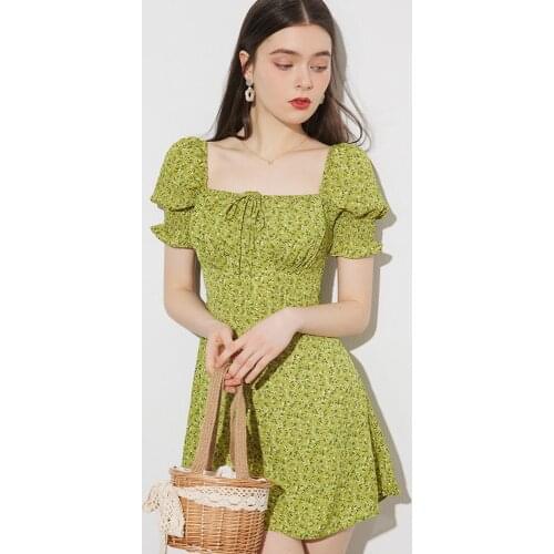 Dress Womens New Spring and Summer 2021 Thin Foam Sleeve Square Neck Short Floral Skirt