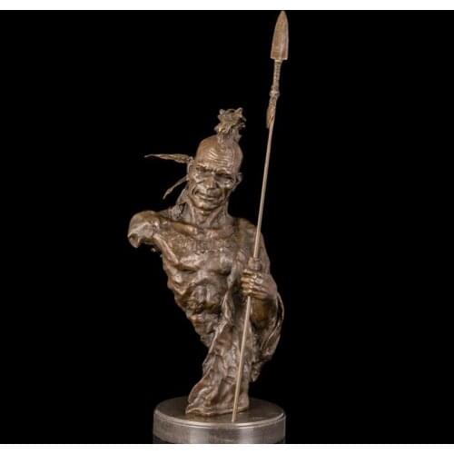 64 CM Western Art Deco Bronze Red Indian Tribal Chief lance Soldier Sculpture