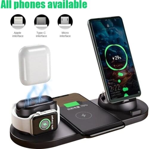 Qi Fast Wireless Charger Stand for iPhone/Android/Type-C USB Watch 6 in 1 Foldable Charging Dock Station iPhone 12 Airpods Pro
