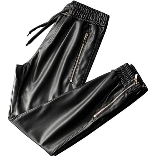 Mcikkny Men Faux Leather Jogger Pants Elastic Wasit Motorcycle Harem Trousers For Male Zipper Pockets