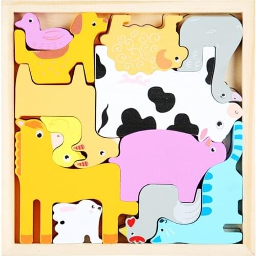 Q9QB Wooden Puzzle Cartoon Cognition Tangram Cutting Water Painted Shape Matching Jigsaw Educational Toy Gift for Preschool