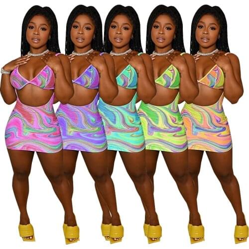 Print 2 Piece Set Summer Beachwear Outfits Backless Crop Top Spaghetti Strap Bodycon Mini Dresses Night Clubwear Matching Set