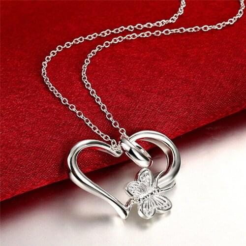 New 925 Sliver Butterfly in Heart Pendant Link Chain Or Beads Chain Fashion Jewelry For Women &Girls Trendy anniversary Gift