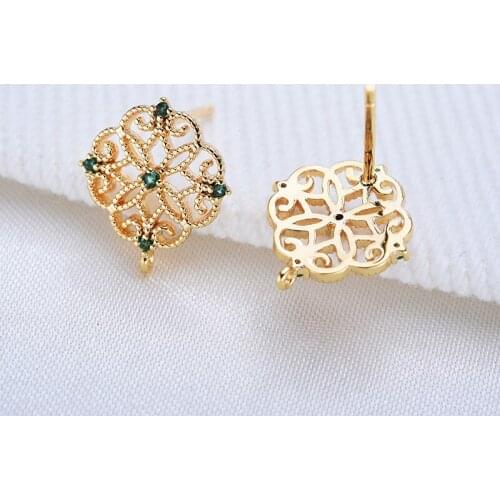 6pcs Earrings Making Accessories Golden Flower Shape Earrings Base Connectors Green Zircon Filigree Earring Charm