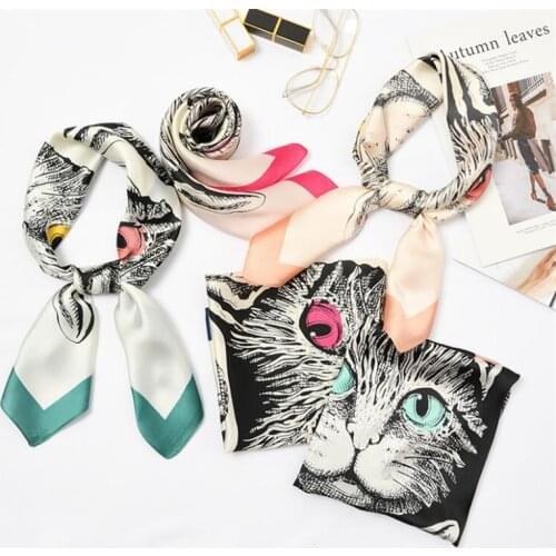 70x70cm Women Silk Print Foulard Cute Cartoon Cat Square Scarf for Female Girl Headband Scarf Neck Tie Wear 39 Styles Scarves