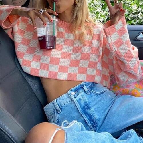Long Sleeve O Neck Pullover Women Cropped Sweaters Cute Autumn Clothes Womans Plaid Loose Hem Sweater Female Short Tops Soft