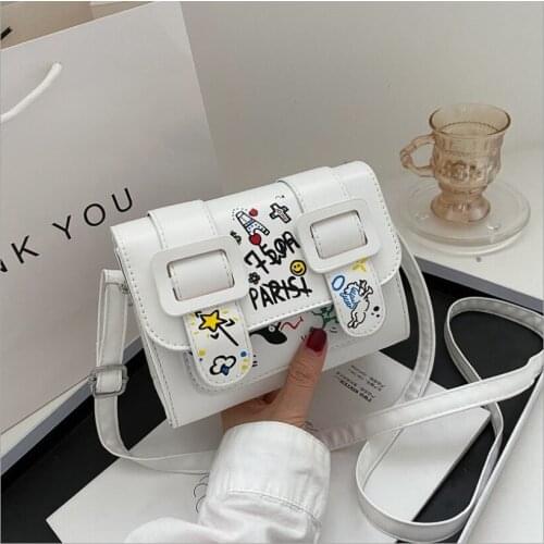 Fashion Graffiti Painted Shoulder Bags Women PU Leather Belt Buckle Small Square Bag Casual Flap Crossbody Messenger Handbag New