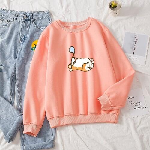 Kawaii Korean Womens Cotton Sweatshirt Women Cute K Pop Hoodie Clothes Hoody Clothing Sleeping Corgi Graphic Hoodies Sudaderas
