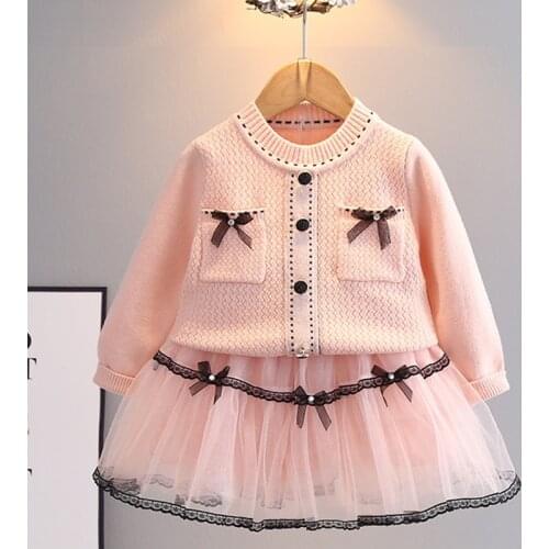 2021 knitted sweater dress autumn and winter short skirt mesh bow sweater cardigan + birthday party fluffy princess dress