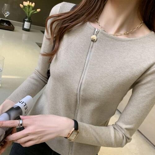 Knitted Cardigan Sweater Womens 2021 Autumn and Winter Korean Fashion Women Clothing Zipper Slim Solid Elegant Sexy Tops 1067
