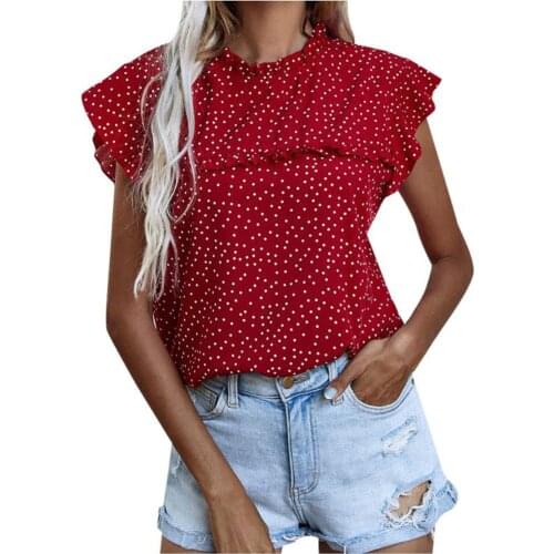 Women Summer Shirt Polka Dot Round Neck Sleeveless Wide Shoulder Frilly Blouse for Ladies, Red