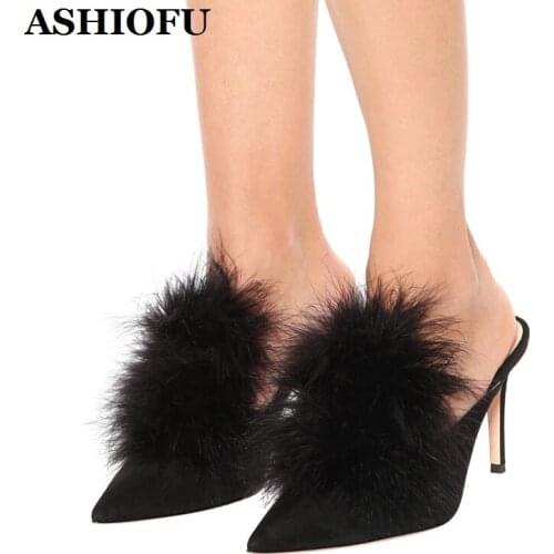 ASHIOFU 2020 New Classic Handmade Ladies High Heels Slipper Manmade-fur Sexy Mules Shoes Evening Club Fashion Slippers Shoes