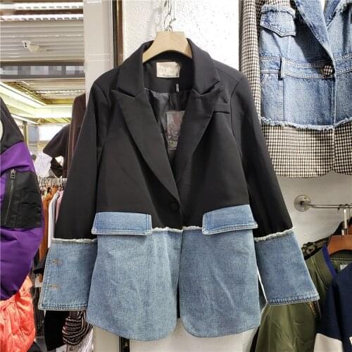Spring Autumn Fashion Suit Collar Spliced Denim Blazer Coat Women Casual Big Pocket Suit Jacket Female Loose Mid Long Blazers