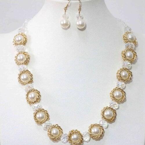 Rainbow Color Crystal Shell Simulated-pearl Gold-color Necklace Earrings Set Fashion Women Weddings Party Jewelry B1273
