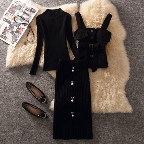 Korean Fashion Knit Sweater + Camisole + Skirts 3pcs Sets Female Long Sleeve Top + Vest + Long Skirt Suits Women Outfits X119