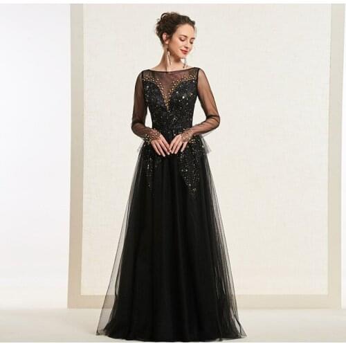 Tanpell Beading prom dresses scoop neck long sleeves floor length a line gown women button party custom long black prom dress