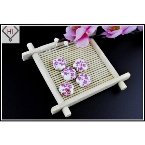 10pcs/lot 15mm White Ceramic Hot Pink Flower Printing Spacer Loose Charm Embellishment Applique Beads Wholesale