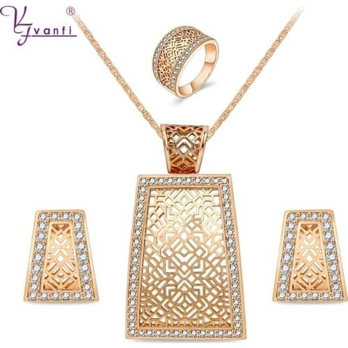 Kfvanfi Champagne Gold Color Earrings Pendant Necklace Ring Set Cubic Zirconia Jewelry Sets For Women Mothers