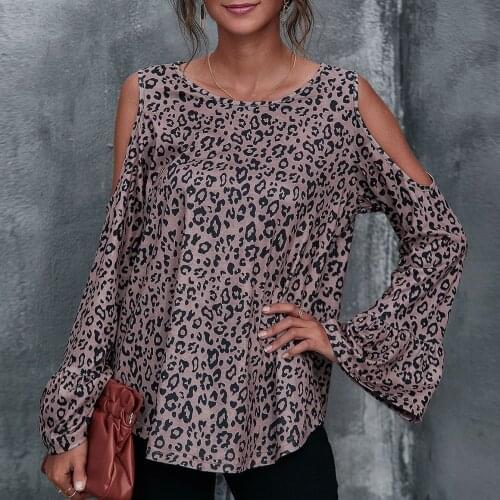 2021 Women Flare Sleeve O Neck Cold Shoulder Leopard Patchwork T-shirt Women Clothing Tees Fashion Loose Top Lady Tshirt