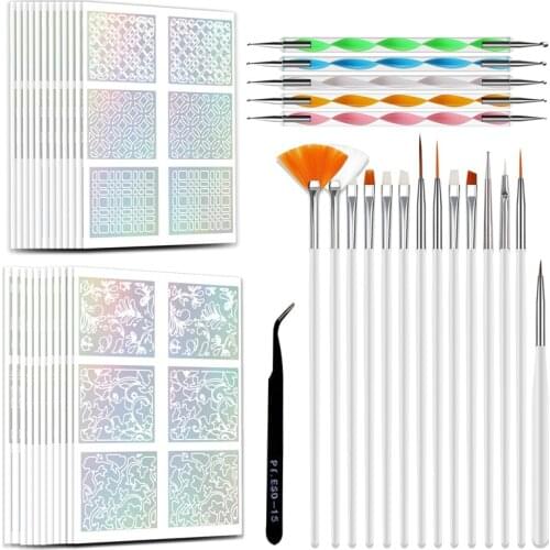 45Pcs Nail Art Decoration Tools Set Polish Transfer Stickers Decals Template + Tweezers + Brushes + Dotting Rhinestones Pen