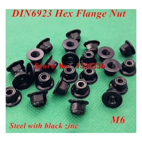 50pcs M6 DIN6923 Hexagon Flange Nuts Nylon Insert Hex Nuts with Flange Black steel with Zinc
