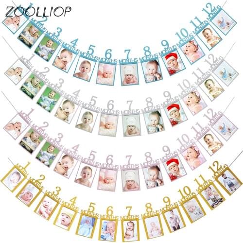 12 Months Photo Frame Banner First Happy Birthday Decorations 1st Baby Boy Girl My 1 One Year Party Supplies Celebration DIY