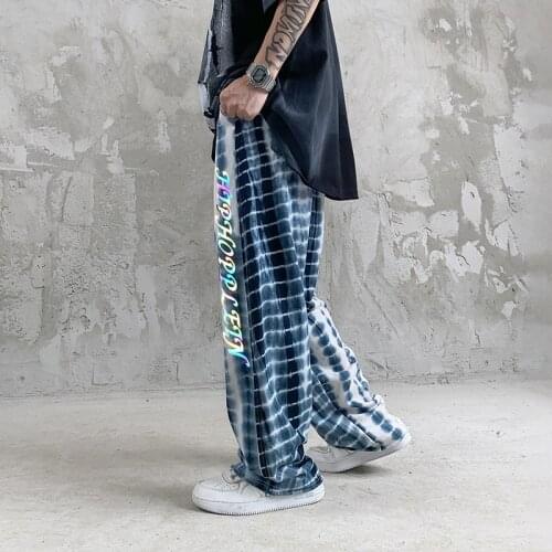 EukaaRu High Street Tie Dyed Men Wide Leg Pants Reflective Letter Printed Mens Hip Hop Pants Loose Straight Casual Sweatpants