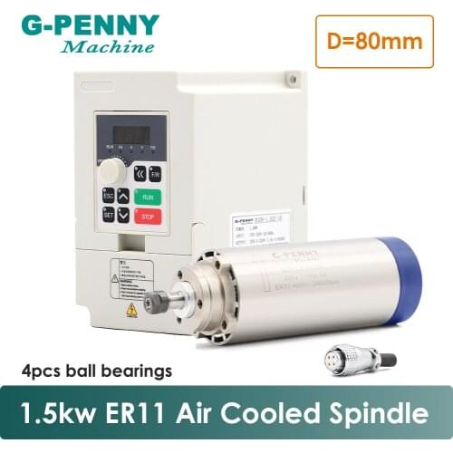 New Product! 220V 1.5KW ER11 CNC Air Cooled Spindle Motor 80mm Air Cooling 4 Bearings CNC Machine & 220v 1.5kw QL-VFD inverter