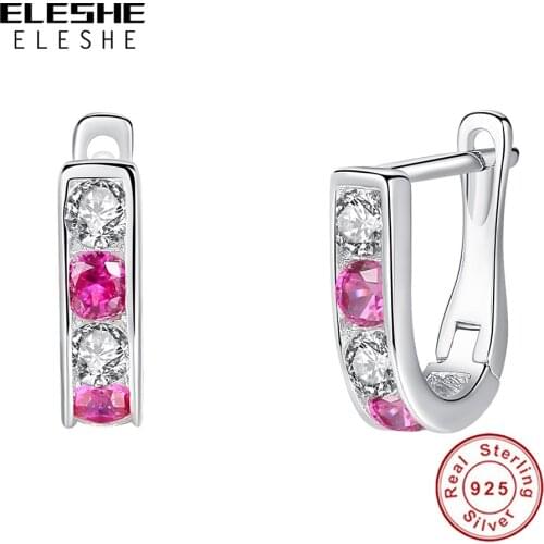 ELESHE 100%925 Sterling Silver lovely Earrings Rose Red Crystal Hoop Earrings For Baby Girls Childrens day Jewelry Gift