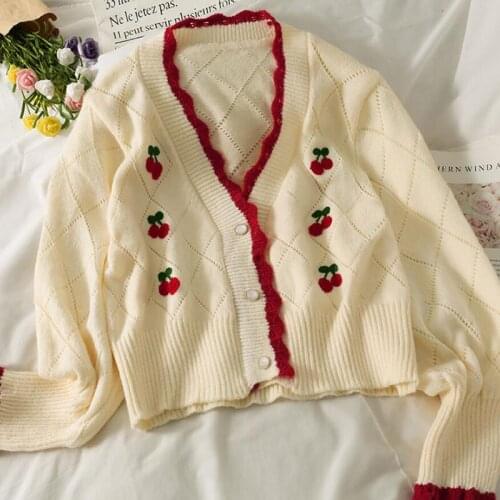 Cherry Embroidered Knitted Cardigan Korean Short Knit Women Coat 2021 Autumn Long Sleeve V-neck Sweet Crop Top Sweater