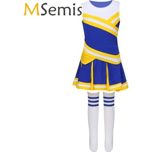 Kids Girls Cheerleading Uniform Suit Fancy Dress Outfit Tops with Skirt Socks Set Encourage Cheerleader Carnival Sports Costume