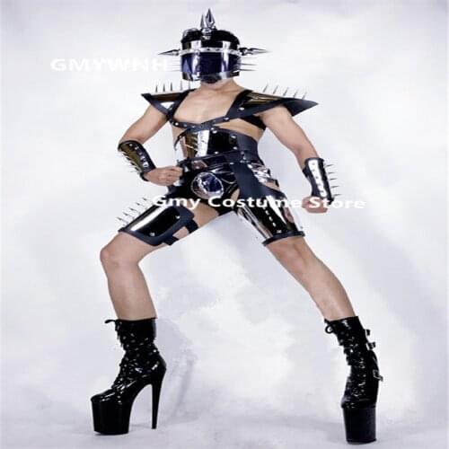 BC68 Sexy men ballroom dance robot costumes dj helmet performance suit clothe party outfit armor dress rivets singer wears disco