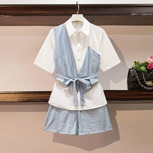 Sweet Suit Female Korea Student Irregular Stripe Blouse Splicing Shirt Hole Jean Shorts Two-Pieces Clothing Casual Sets fashion