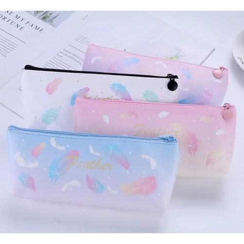 Cute Leather Feather Pen Case Pencil Case Student Stationery Bag Large Capacity Storage Bag Coin Purse Office Pencil Case