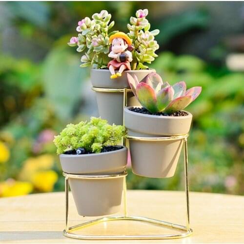 Mini 3 in 1 Pottery Planters Modern Small Flower Pots with Gold Black Metal Stands Decorative Tabletop Ornaments Home Decoration