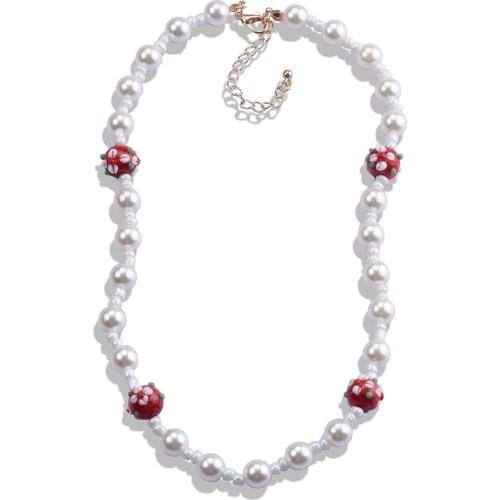 Fashion Simple Faux Pearls Handmade Beads Choker Necklaces For Women Kids Children Girls Jewelry Cute Red Fruit Charm Necklace