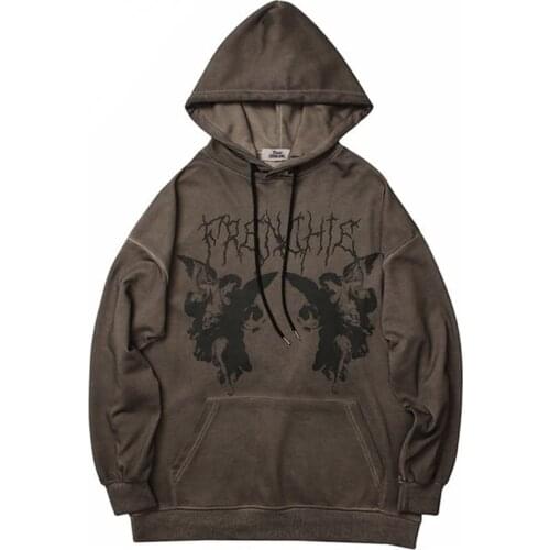 2021 Men Hip Hop Hooded Angel Dark Print Streetwear Harajuku Pullover Hoodie Cotton Fleece Autumn Sweatshirt