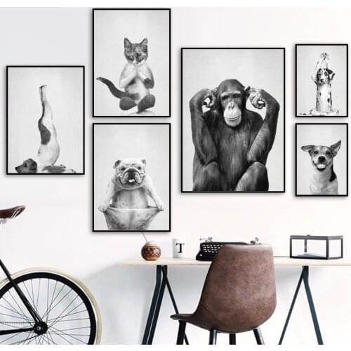 Dancing Yoga Cat Dog Monkey Wall Art Canvas Painting Black White Nordic Posters And Prints Wall Pictures For Living Room Decor