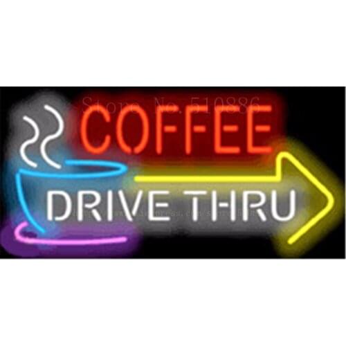 Custom Neon Sign For Coffee Drive Thru with Right Arrow Glass Tube Display Light Lamp Bar Beer Decor Bulbs Neon Signs 19"x15"