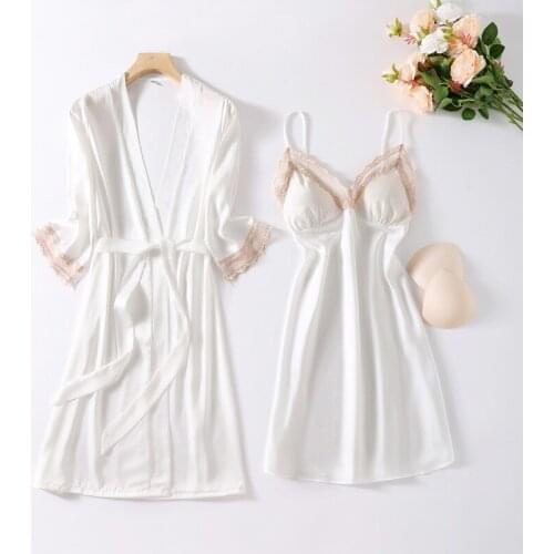 Bride Wedding Robe Gown Sets Sexy Womens 2PCS Lace Nighty Bathrobe Nightgown Sleep Suit Summer Satin Sleepwear Intimate Lingerie