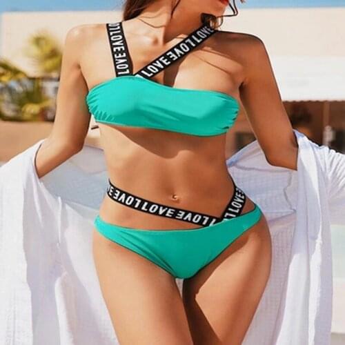 2021 New Fashion Ladies Solid Color Swimsuit Sexy Tight-fitting Halter Strap High Elasticity Split Two-piece Swimsuit Bikini Set