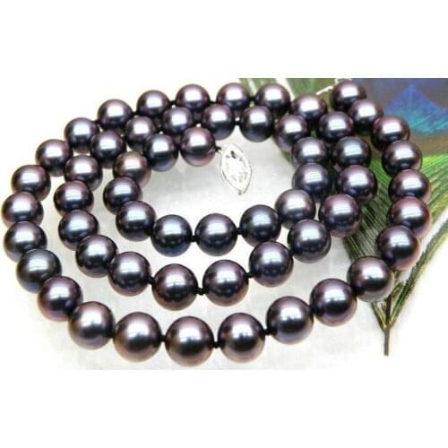 Tahitian 9-10mm round black red pearl necklace 18inch 925 silver