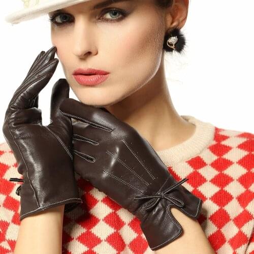 2020 New Womens Genuine Leather Gloves Female Fashion Bowknot Sheepskin Gloves Autumn Winter Warm Velvet Lined L123PC-1