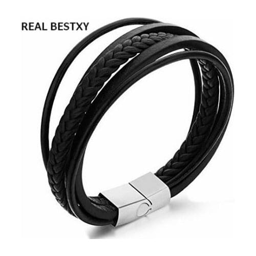 Real Bestxy free ship custom logo Mens Womens Multi Leather Braided Bracelet Stainless Steel Magnetic Clasp Cuff Bangle Bracelet