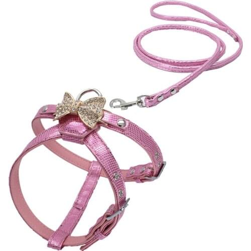 Rhinestones Pet Dog Harness Leash Set Bling Bow Tie Adjustable Solid Leather Pet Rope Leads for Chihuahua Puppy Dog Accessories