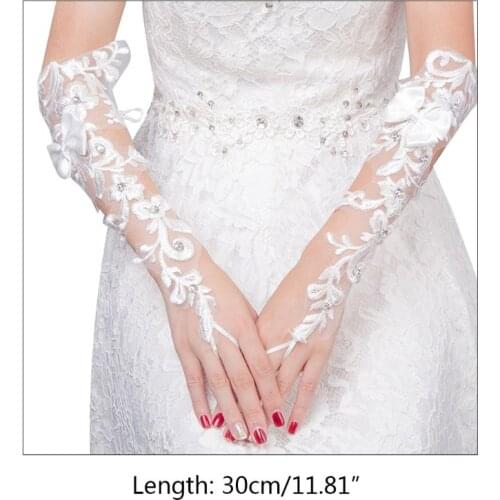 Wedding Bride Embroidery Floral Lace Fingerless Gloves Rhinestone Bowknot Mitten