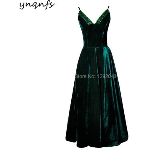 YNQNFS B34 Elegant A Line V Neck Tea Length Beaded Wedding Party Dress Emerald Green Velvet Bridesmaid Dresses 2019