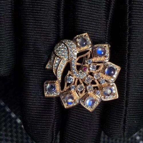 Natural moonstone Elegant Peacock brooch Pendant natural gemstone Phoenix pendant Two uses S925 silver women girl party jewelry