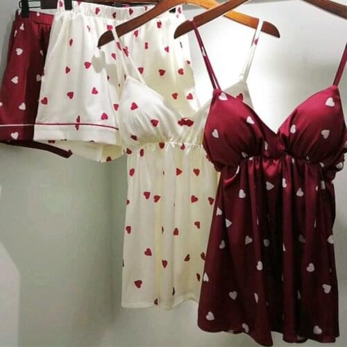 Women Sexy Pajamas Sleepwear Pyjamas Sets Summer Shorts Spaghetti Strap Silk Bowknot Casual Home Night Wear Sleep Clothes